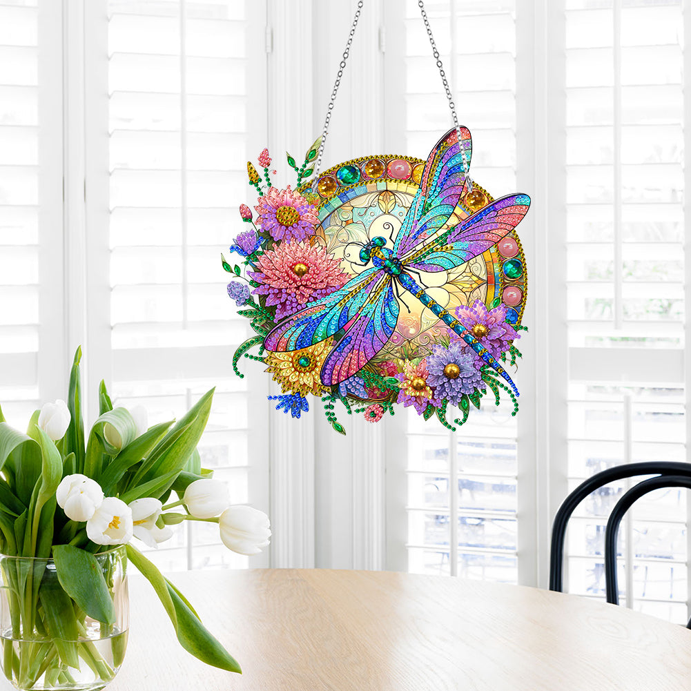 5D Diamond Painting Stained Glass Panel Decorative Home Garden Decoration Hanging Kit(Dragonfly)