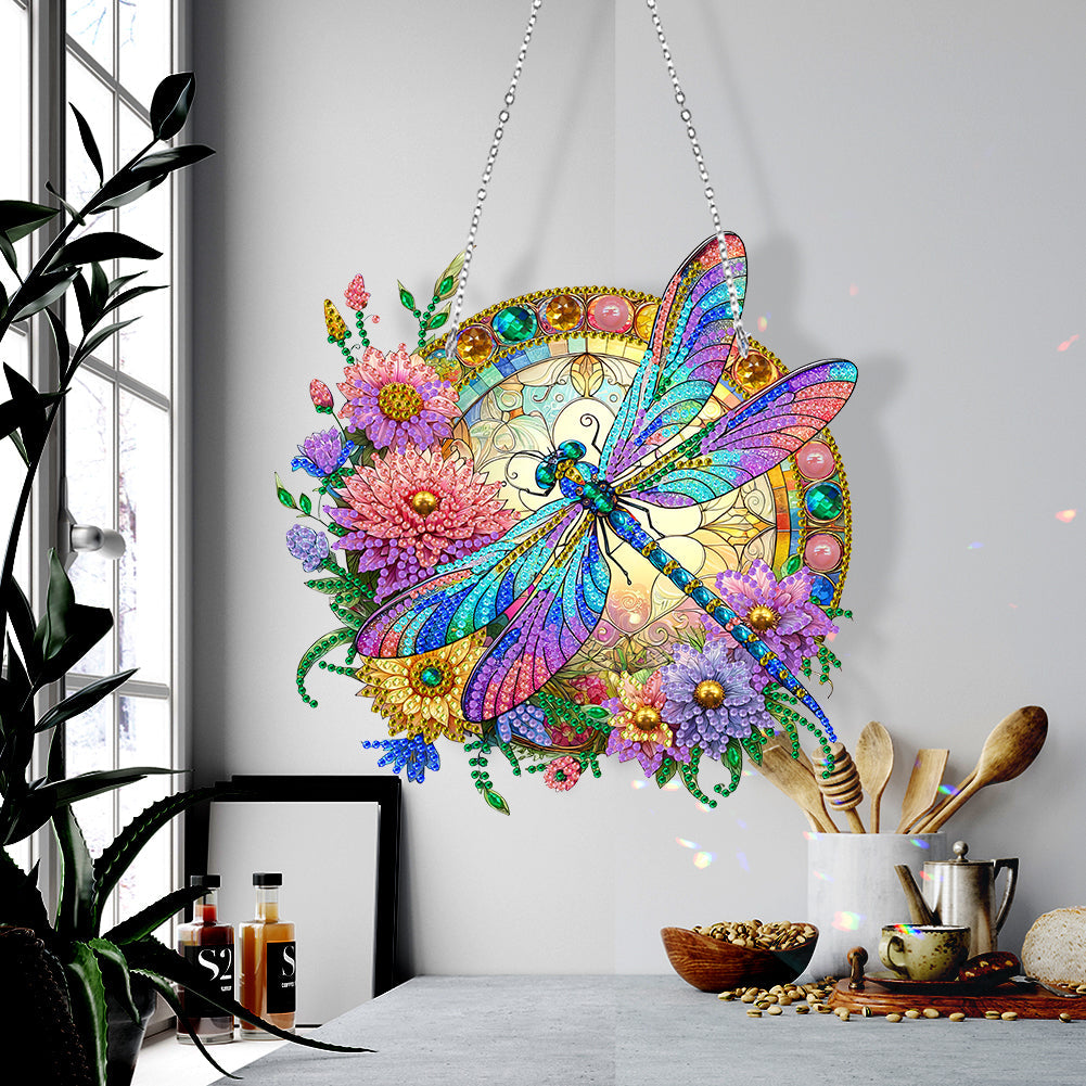 5D Diamond Painting Stained Glass Panel Decorative Home Garden Decoration Hanging Kit(Dragonfly)