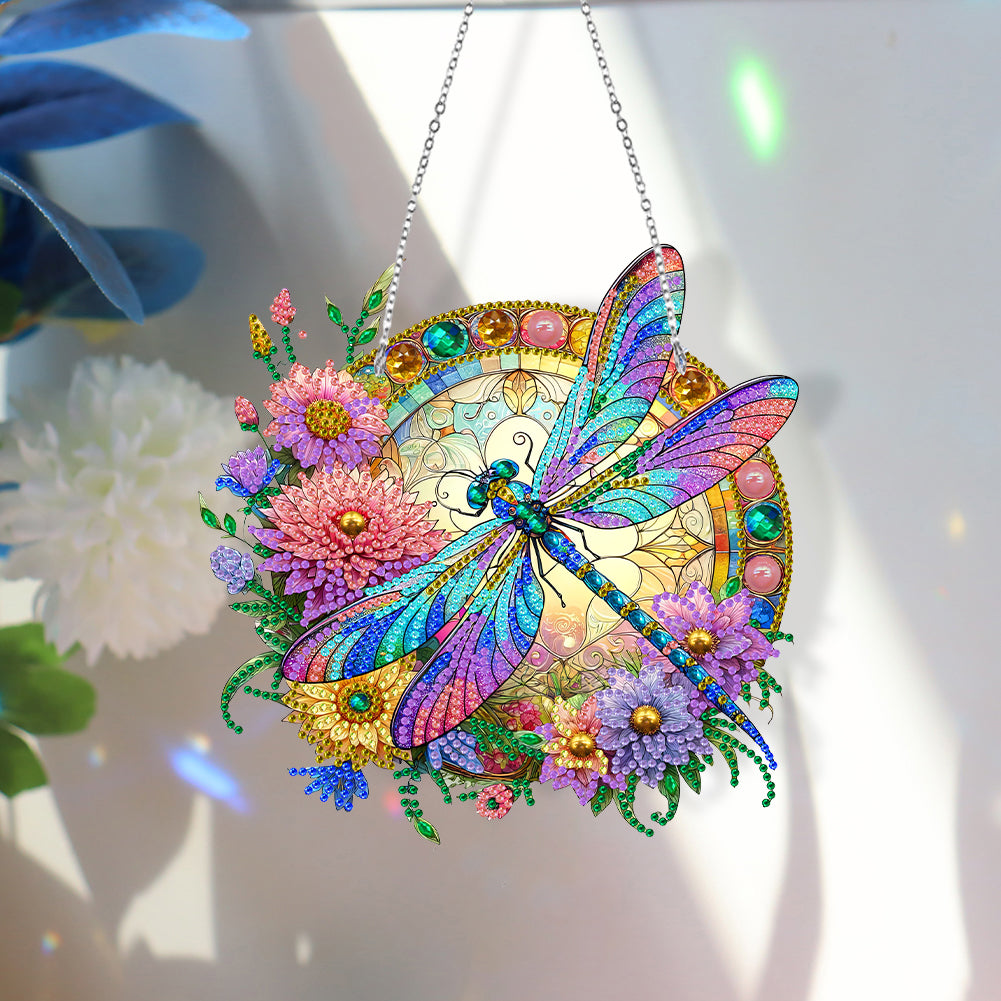 5D Diamond Painting Stained Glass Panel Decorative Home Garden Decoration Hanging Kit(Dragonfly)