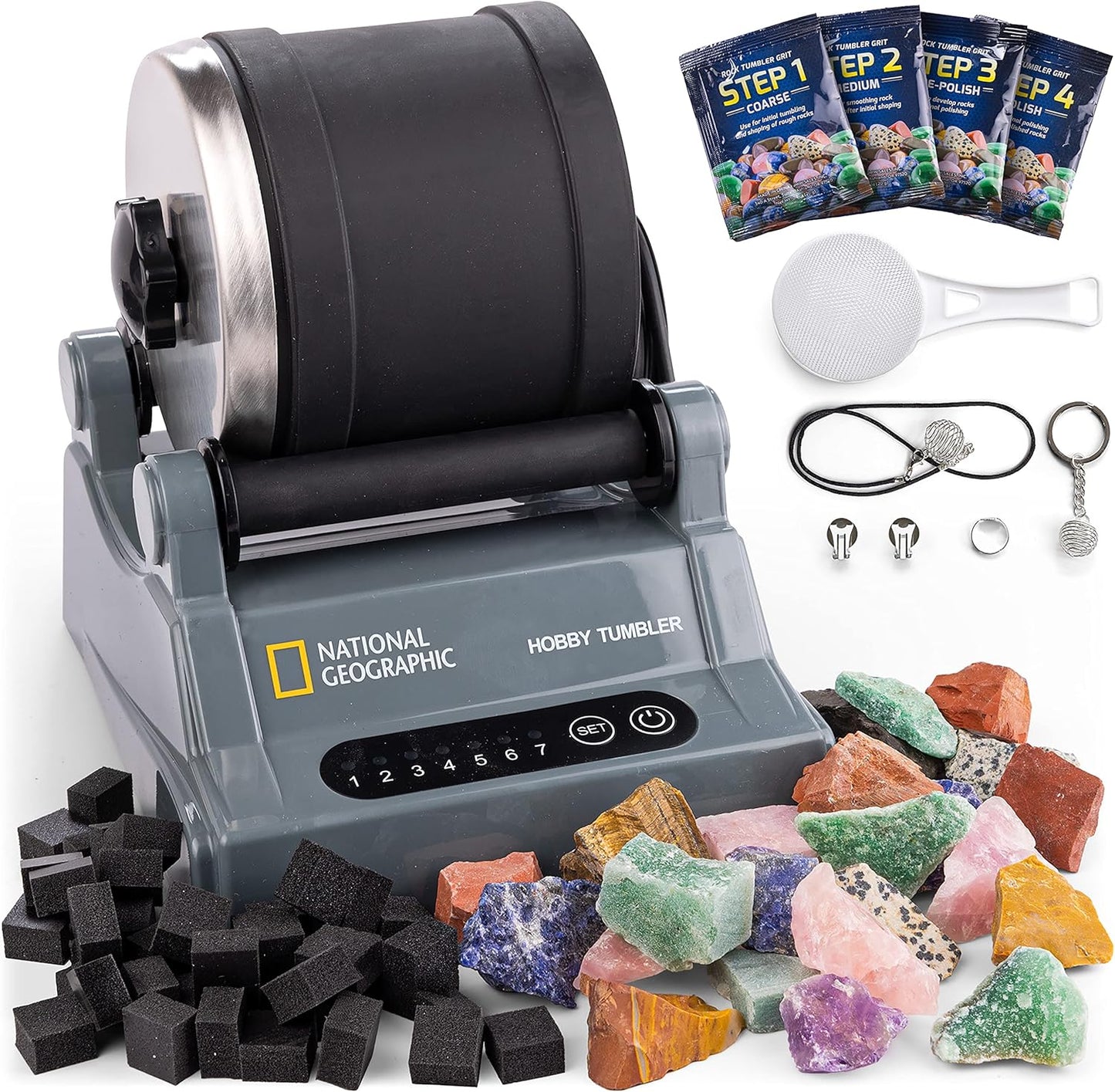 National Geographic Rock Tumbler Kit – Hobby Edition Includes Rough Gemstones, and 4 Polishing Grits, Great STEM Science Kit for Geology Enthusiasts, Rock Polisher for Kids and Adults