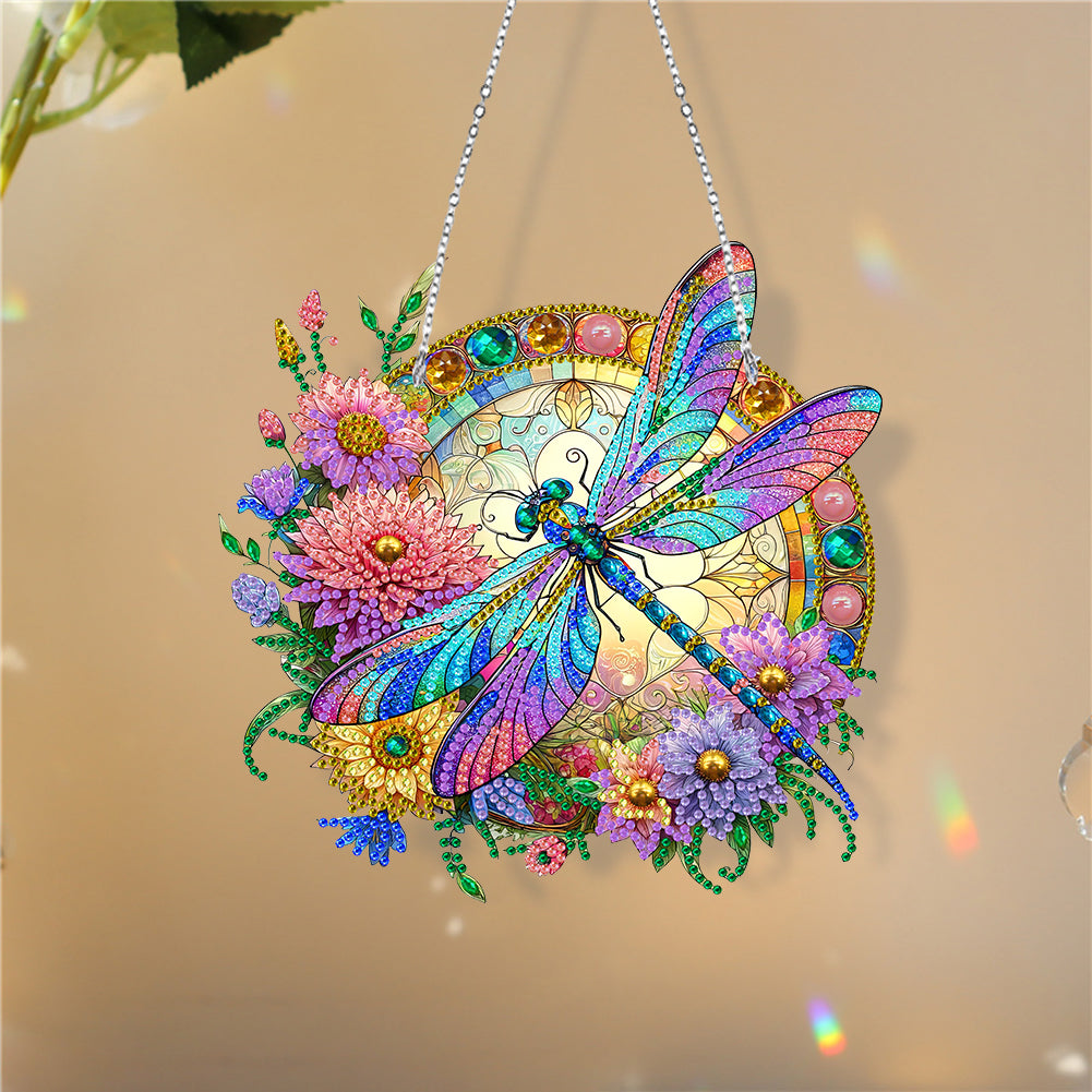 5D Diamond Painting Stained Glass Panel Decorative Home Garden Decoration Hanging Kit(Dragonfly)