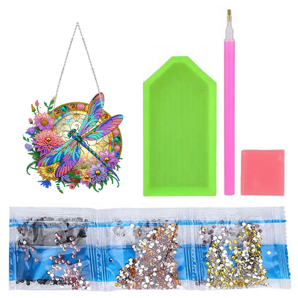 5D Diamond Painting Stained Glass Panel Decorative Home Garden Decoration Hanging Kit(Dragonfly)