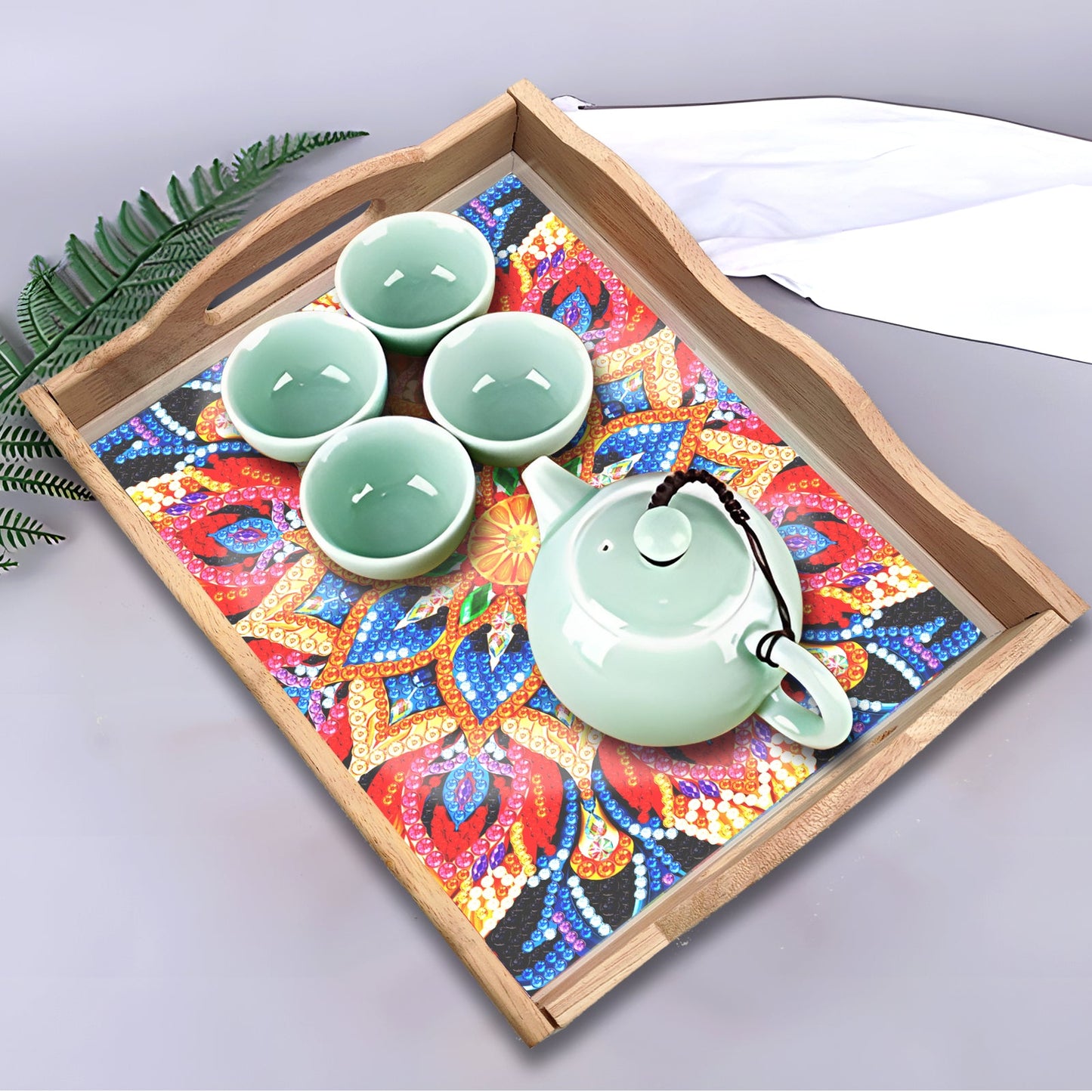 DIY Diamond Painting Wooden Tray Food Tray with Handle Living Room Decoration Mandala Wooden Tray Kit