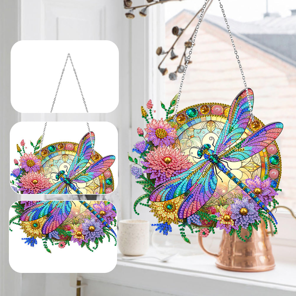 5D Diamond Painting Stained Glass Panel Decorative Home Garden Decoration Hanging Kit(Dragonfly)