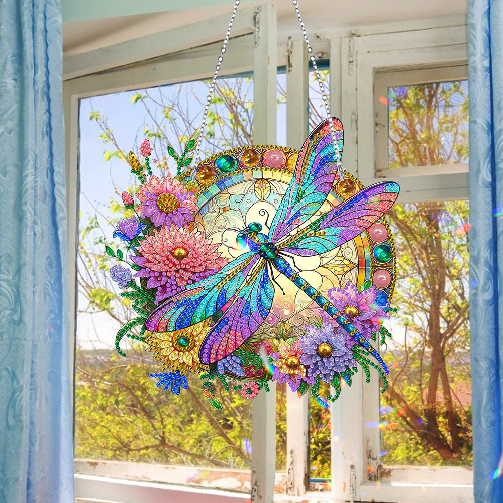 5D Diamond Painting Stained Glass Panel Decorative Home Garden Decoration Hanging Kit(Dragonfly)